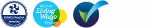 Collage of three accreditation logos: SafeContractor Approved, Living Wage Employer, and Cyber Essentials.