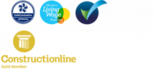 Collage of accreditation logos: SafeContractor Approved, Living Wage Employer, Cyber Essentials, and Constructionline Gold Member